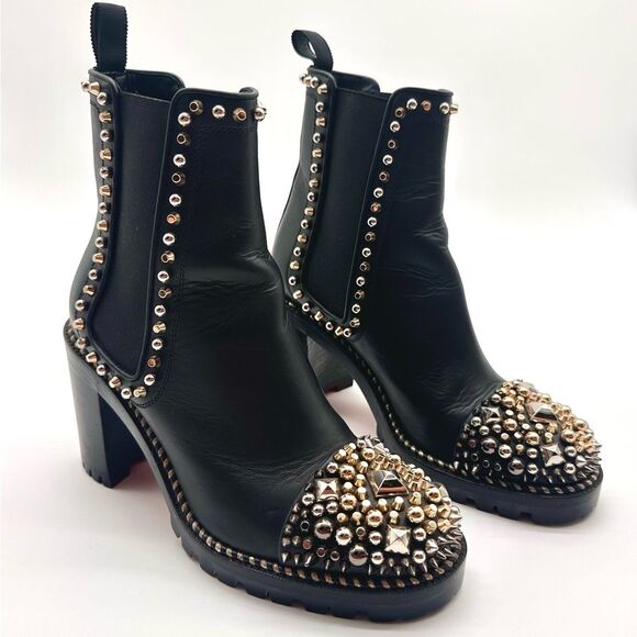 Christian Louboutin Chasse A Clou 70 Black Leather Studded  Ankle Boots EU37 US7 - Picture 12 of 14
